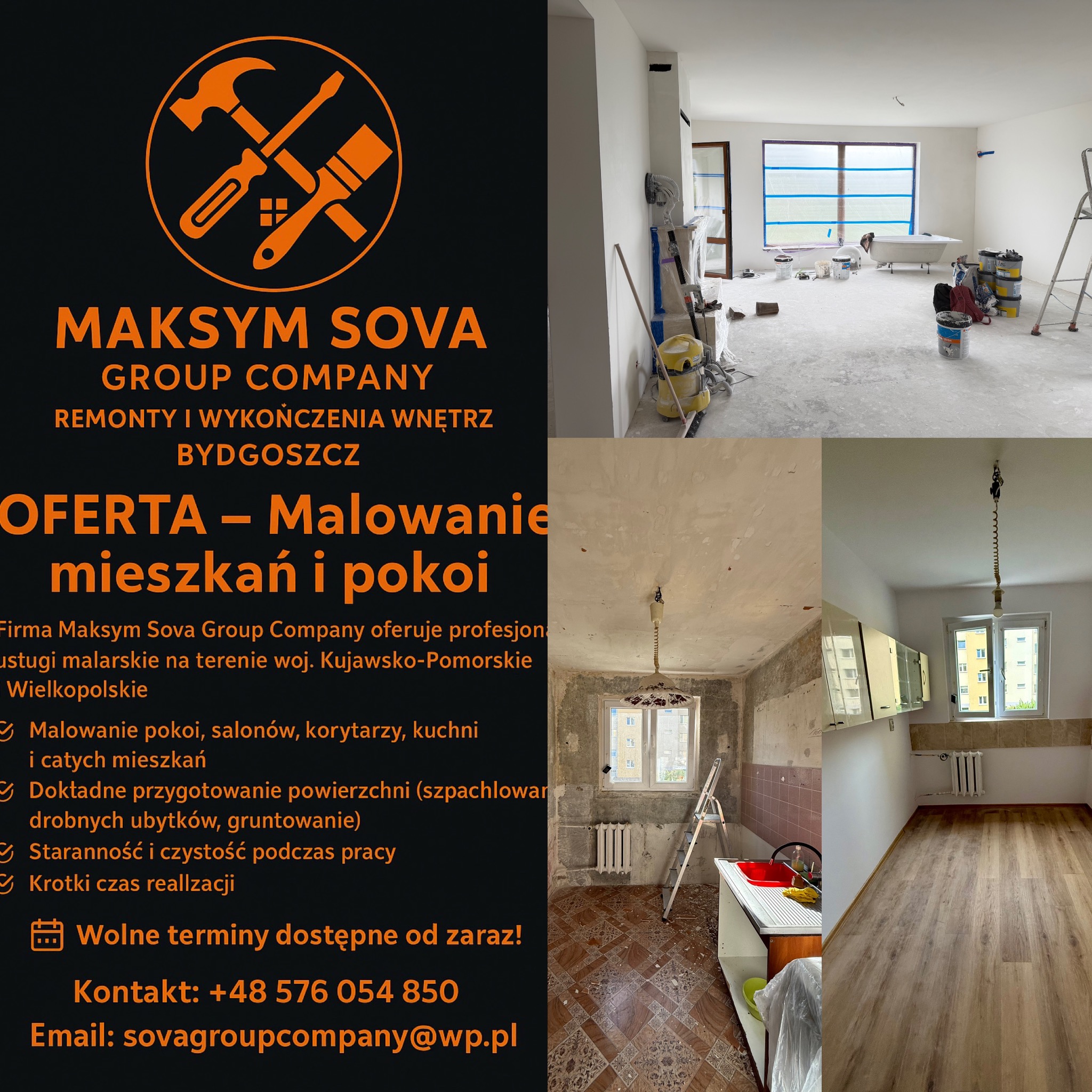 Remont mieszkania: kolaż zdjęć 'przed i po' malowaniu. Widoczne odnowione pomieszczenia, sprzęt malarski i logo firmy remontowej Maksym Sova Group Company.
