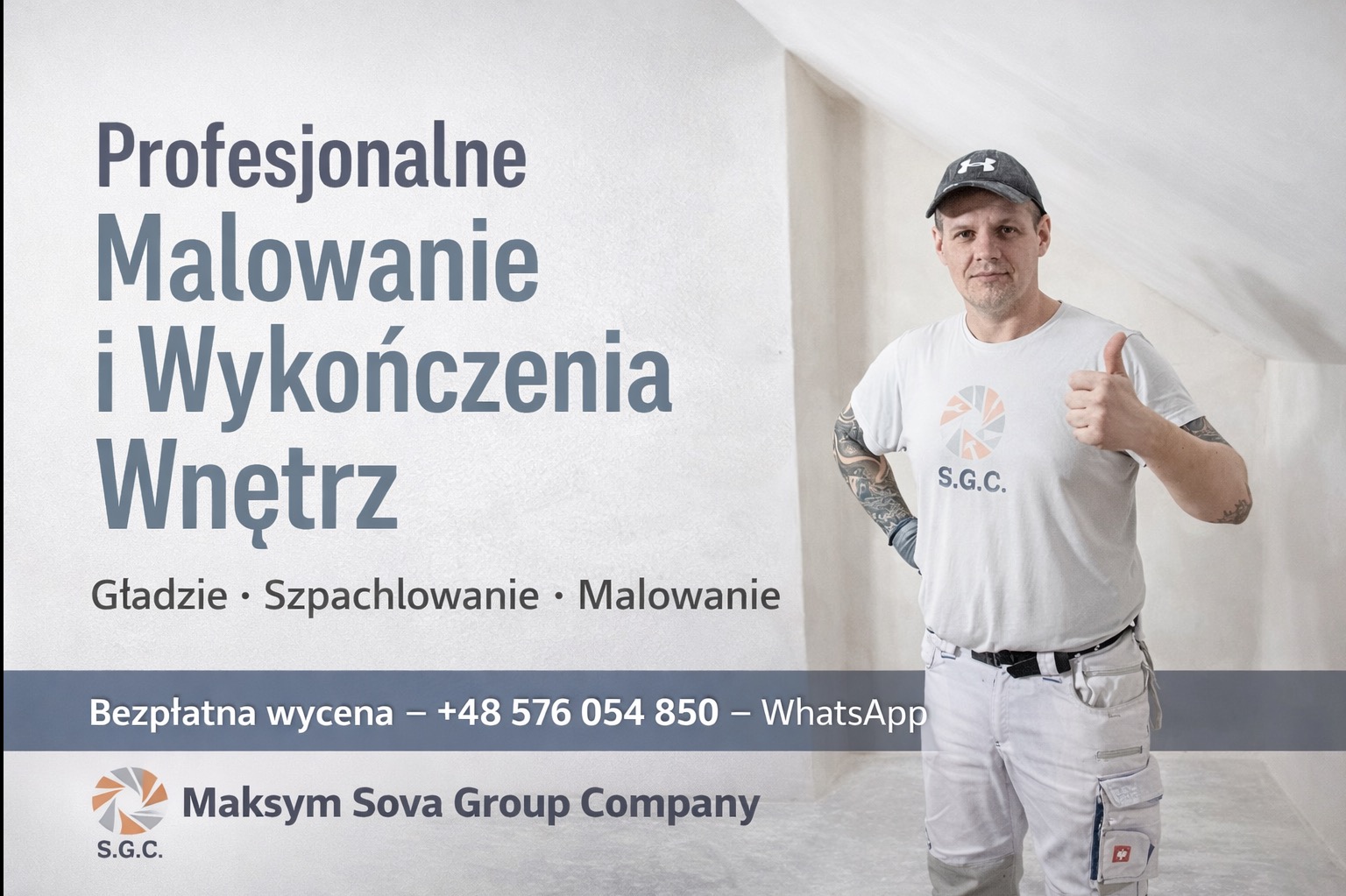 Profesjonalne malowanie wnętrz i wykończenia. Mężczyzna w ubraniu roboczym z podniesionym kciukiem na tle świeżo pomalowanego poddasza. Bezpłatna wycena.