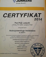 Certyfikat autoryzacji instalatora Junkers, wydany w 2014 roku dla Pana Piotra Judyckiego z firmy PIT-GAZ Judycki Piotr, z numerem K0911, potwierdzający uprawnienia do wykonywania instalacji...