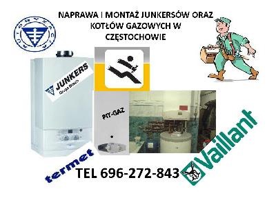 Kompozycja zdjęć przedstawiająca kotły gazowe Junkers, Termet i Vaillant, wraz z logotypami firm i numerem telefonu serwisu w Częstochowie, oraz rysunkową postacią hydraulika.