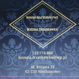 Wizytówka Biura Rachunkowego Bożena Trzaskawka z numerem telefonu, adresem e-mail i adresem siedziby na tle w odcieniach niebieskiego z ornamentami.