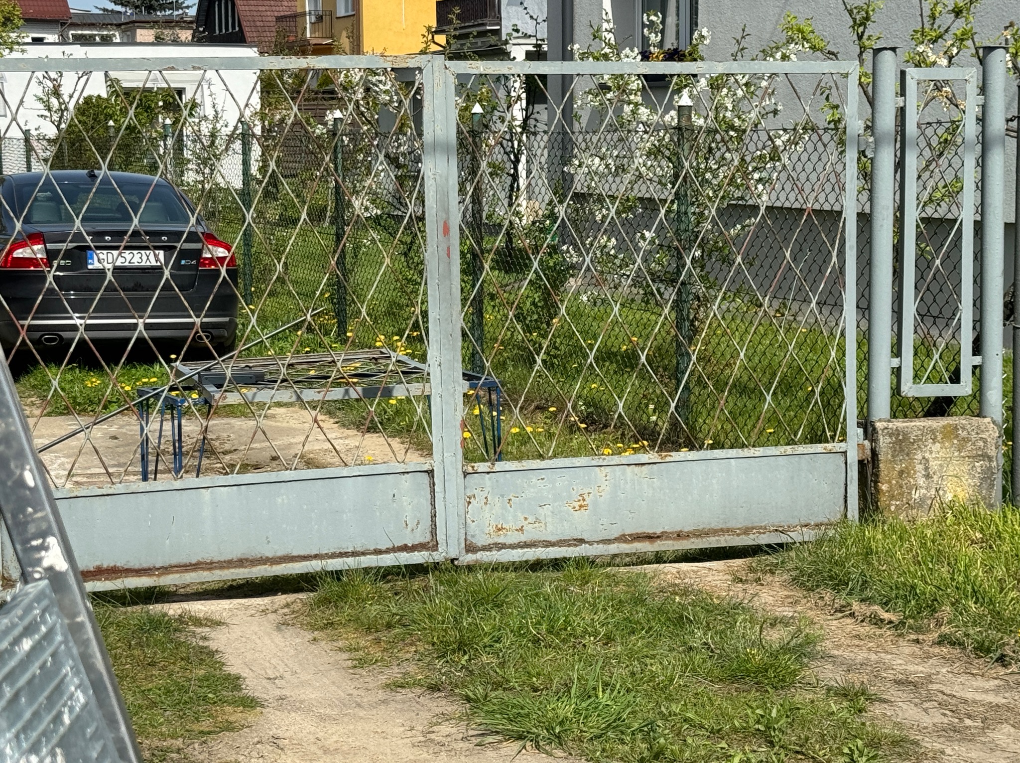 Zardzewiała, dwuskrzydłowa brama z metalowej siatki rombowej, częściowo zasłaniająca czarny samochód osobowy i kwitnące drzewa w tle.