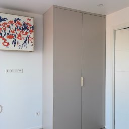 Studio mebli FABIANI - Szara, dwudrzwiowa szafa z podłużnymi, złotymi uchwytami, stojąca w jasnym pomieszczeniu z obrazem na ścianie i białymi drzwiami po prawej stronie.