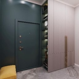 Studio mebli FABIANI - Nowoczesny przedpokój z szafą wnękową w kolorze szaro-beżowym z ryflowanymi frontami, oświetlonymi półkami i ciemnozielonymi ścianami.