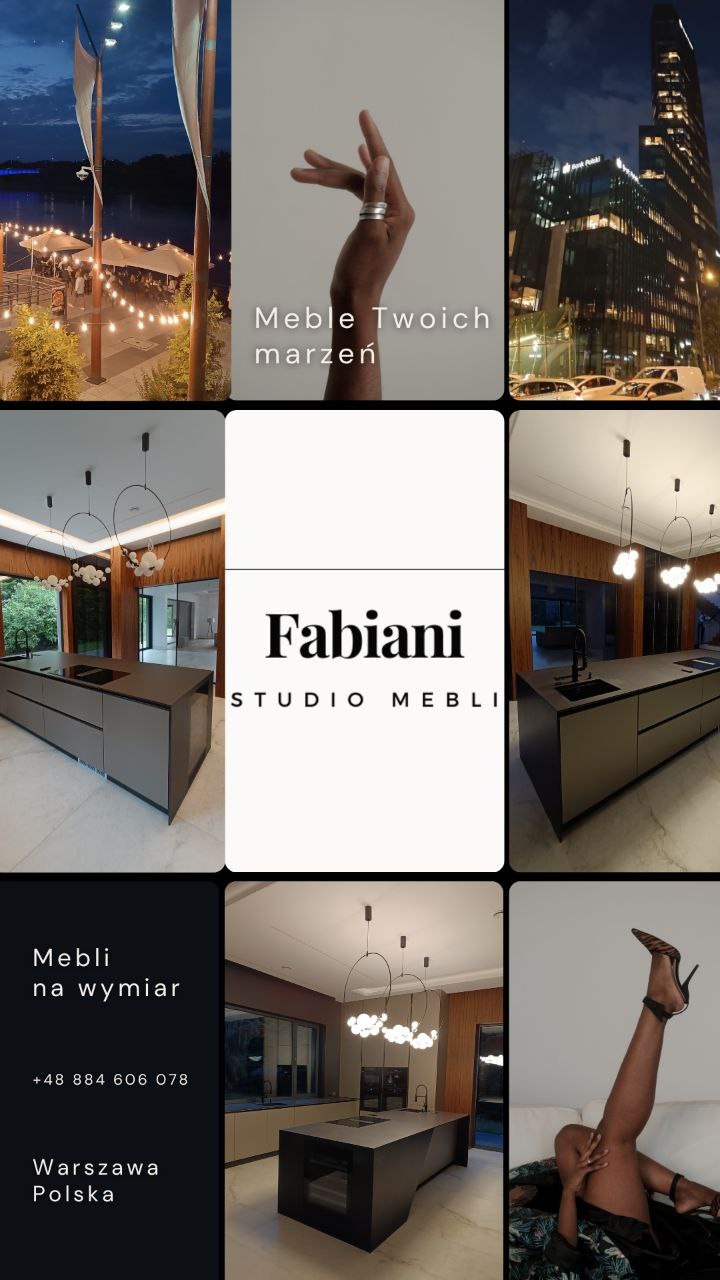 Nowoczesna wyspa kuchenna z szarymi frontami, oświetlona designerskimi lampami. W tle drewniana boazeria i duże okno. Logo Fabiani Studio Mebli.