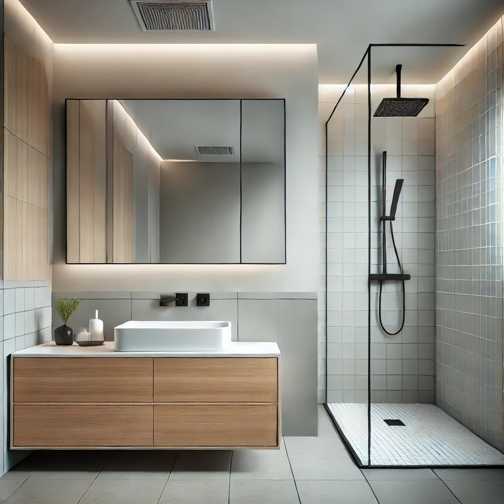 Nowoczesna łazienka z kabiną prysznicową typu walk-in, drewnianą szafką pod umywalką i dużym lustrem. Minimalistyczny design z subtelnym oświetleniem LED.