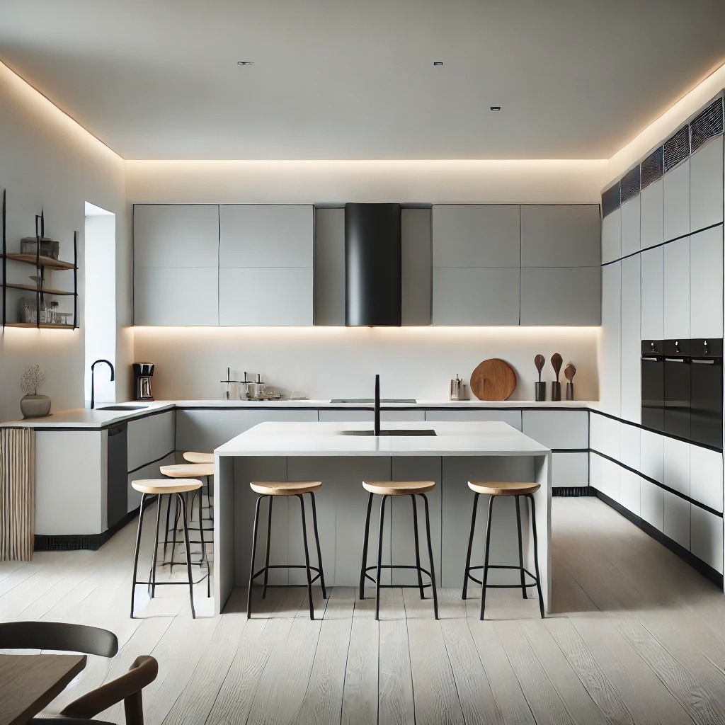 Minimalistyczna kuchnia z wyspą i drewnianymi stołkami barowymi. Białe fronty szafek, czarny okap i podświetlenie LED tworzą nowoczesny wygląd.