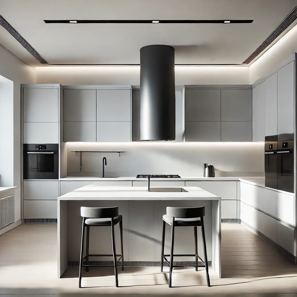 Minimalistyczna kuchnia w odcieniach szarości z wyspą i dwoma stołkami barowymi. Oświetlenie LED podkreśla nowoczesny design i czyste linie zabudowy.