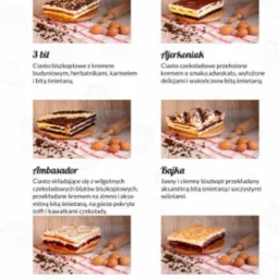 Kolaż z sześcioma zdjęciami różnych ciast kremowych, każdy z nich umieszczony na drewnianej desce z kilkoma jajkami i wałkiem w tle, prezentowanych w jasnym świetle.