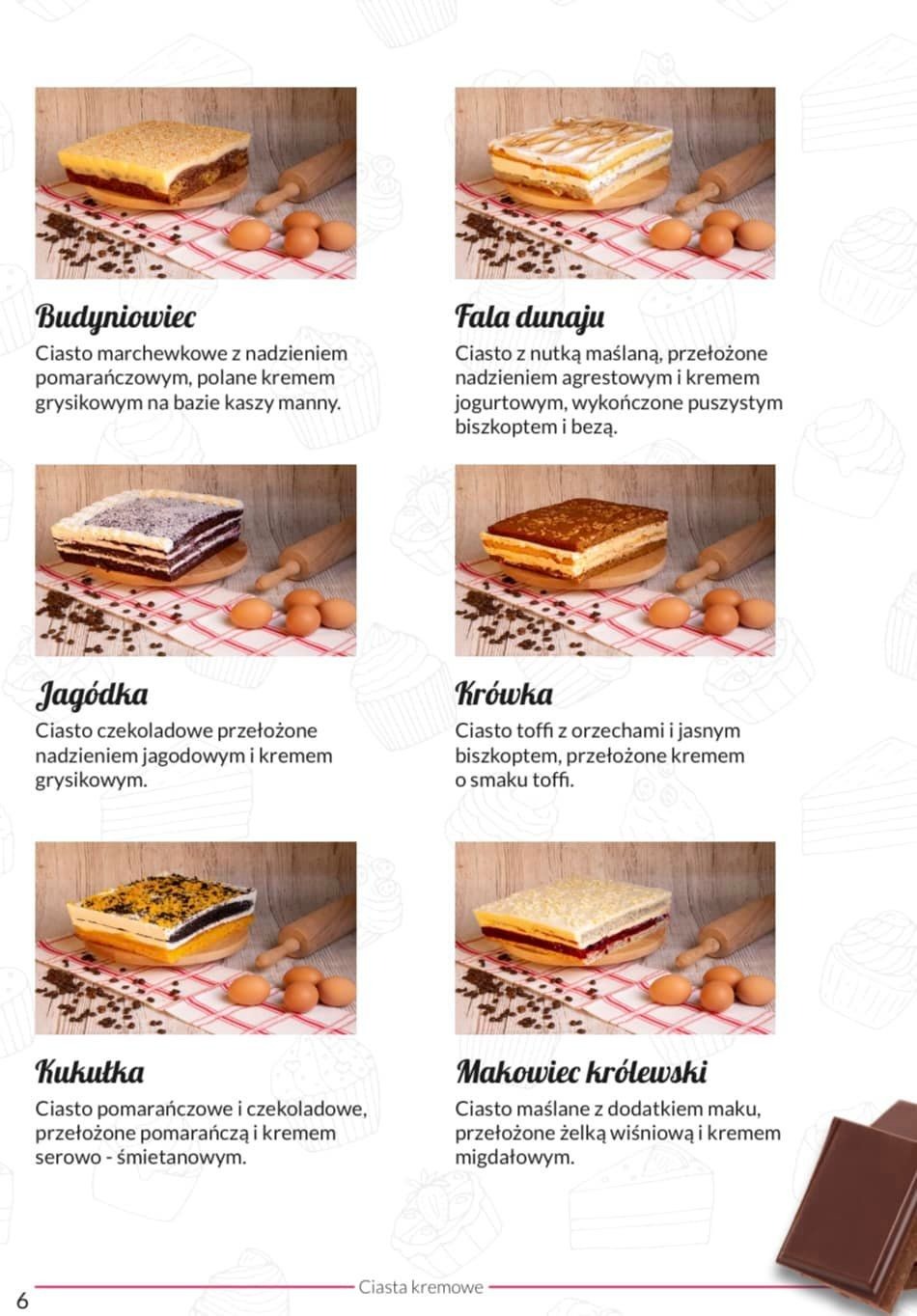 Zestawienie sześciu różnych ciast kremowych o kwadratowym kształcie, każde z własnym unikalnym nadzieniem i polewą, prezentowanych na drewnianej desce z wałkiem i kilkoma jajkami jako elementami...