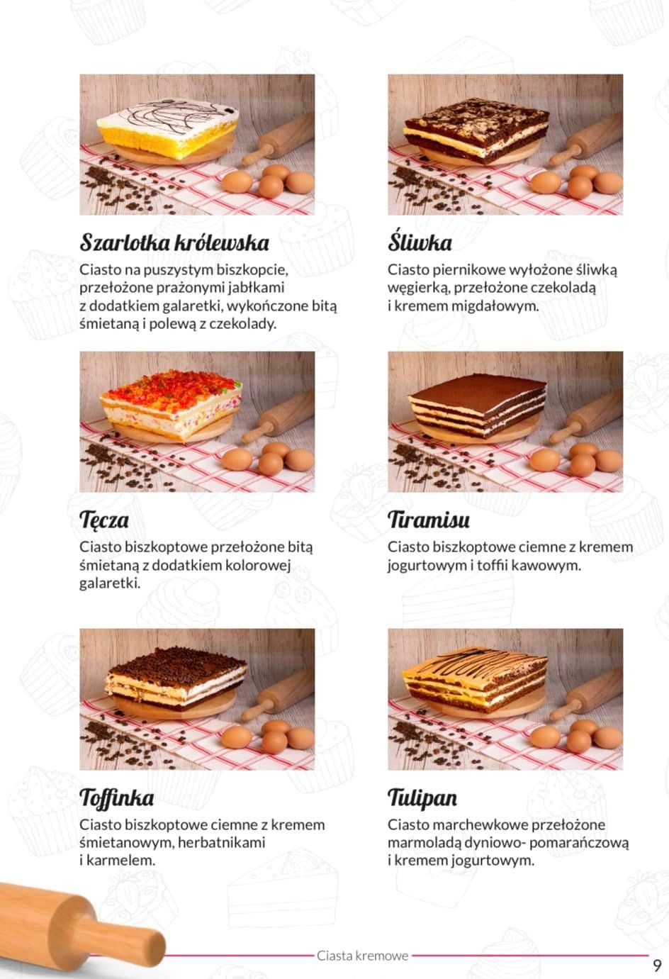 Kolaż sześciu kwadratowych zdjęć ciast na drewnianych podkładkach z jajkami i wałkiem w tle, każde ciasto z innym kremem i dekoracją, podpisane nazwami i krótkimi opisami.