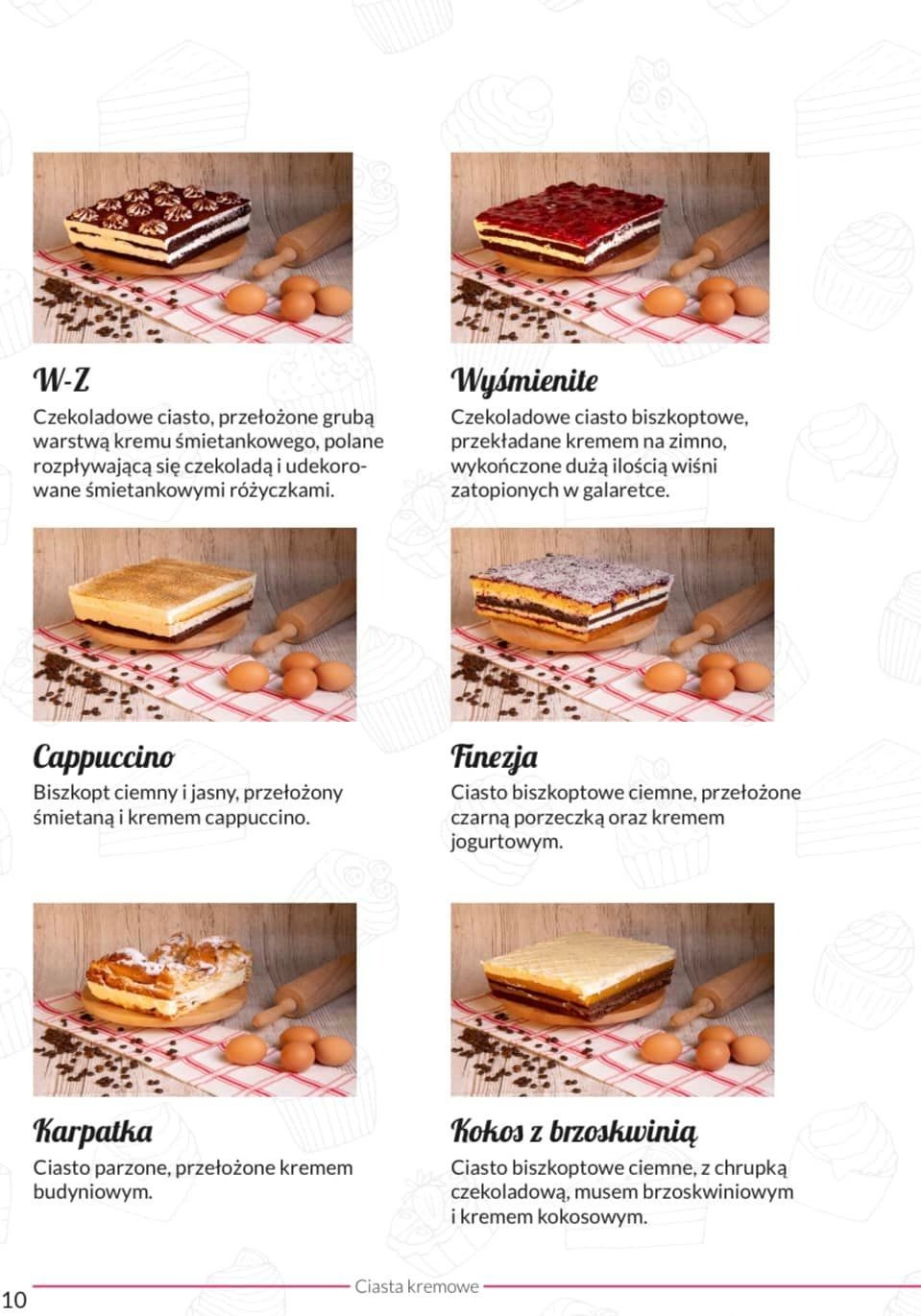 Zestaw sześciu ciast kremowych o różnych smakach, każde na deseczce z wałkiem i kilkoma jajkami, prezentowane na białym tle z delikatnym wzorem.