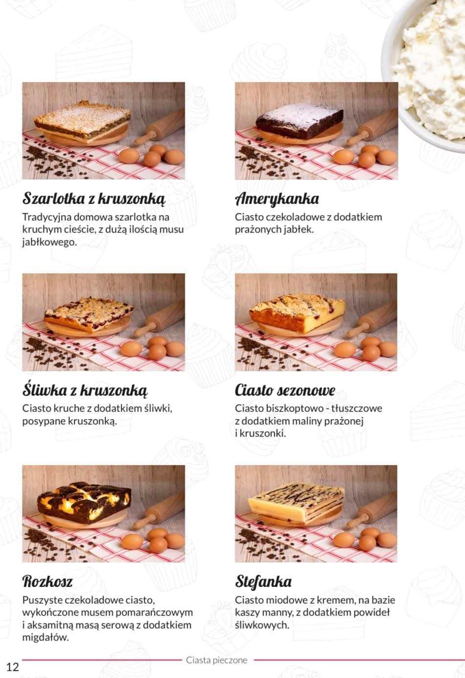 Kolaż sześciu zdjęć ciast: szarlotka z kruszonką, amerykańska czekoladowa, śliwka z kruszonką, ciasto sezonowe z malinami, czekoladowe ciasto z musem pomarańczowym, ciasto miodowe z kremem...