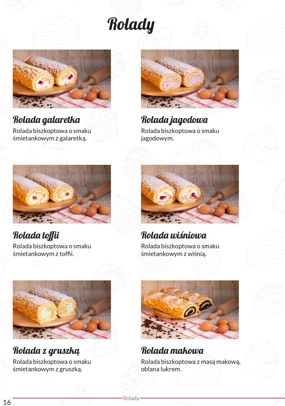 Zestawienie sześciu zdjęć rolad biszkoptowych z różnymi nadzieniami: galaretką, jagodami, toffi, wiśniami, gruszką i makiem, każda posypana cukrem pudrem, ułożona na drewnianej desce, z dodatkiem...