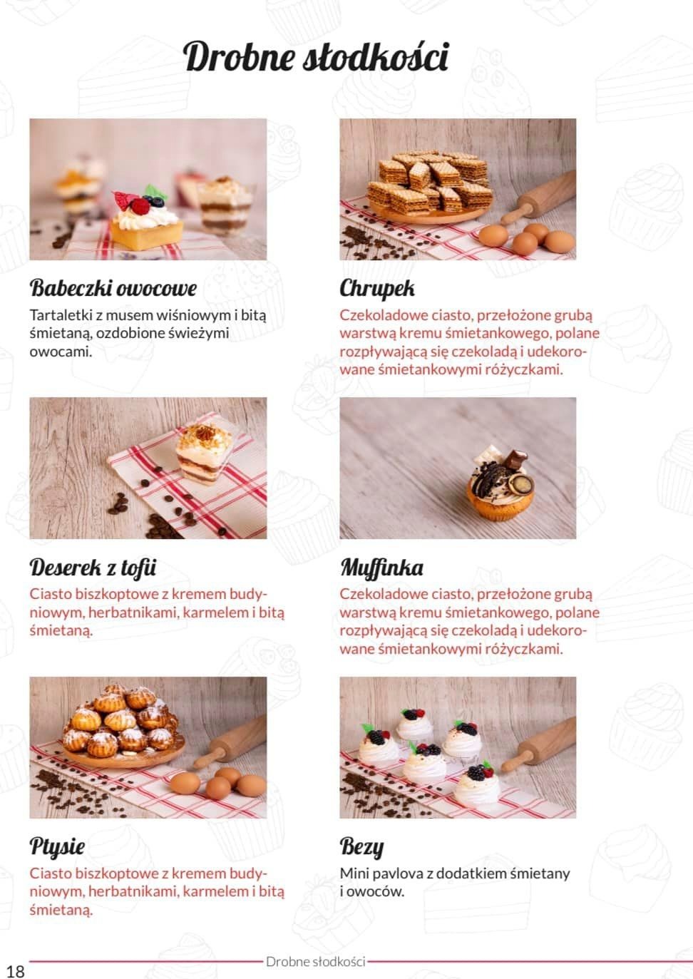 Kolaż sześciu zdjęć przedstawiających różne desery: babeczki owocowe, chrupek, deserek z tofii, muffinka, ptysie i bezy, każdy z nich opisany krótkim tekstem.