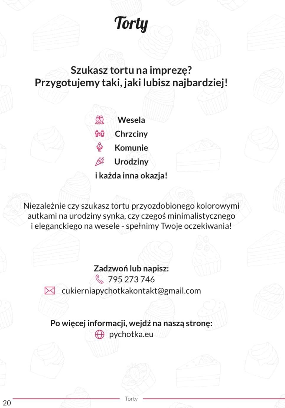 Grafika reklamowa z tekstem 'Torty'. Oferta tortów na wesela, chrzciny, komunie, urodziny i inne okazje. Kontakt telefoniczny i mailowy. Adres strony internetowej.