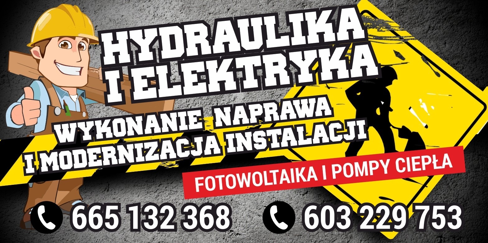Grafika reklamowa firmy oferującej usługi hydrauliczne i elektryczne, w tym wykonanie, naprawę i modernizację instalacji, a także fotowoltaikę i pompy ciepła, z numerami telefonów kontaktowych...
