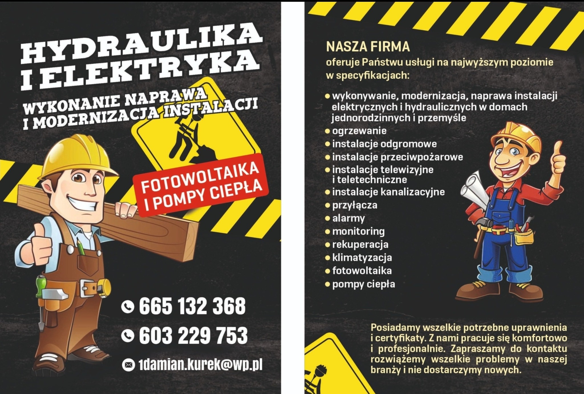 Grafika reklamowa firmy oferującej usługi hydrauliczne i elektryczne, w tym fotowoltaikę i pompy ciepła, z numerami telefonów i adresem e-mail.