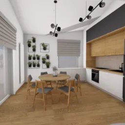 Wizualizacja jasnej kuchni z drewnianym stołem i krzesłami, czarnymi szafkami górnymi, białymi dolnymi, drewnianym blatem, oświetleniem punktowym i ścianą z wiszącymi roślinami w doniczkach.