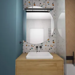 Wizualizacja łazienki: umywalka nablatowa na drewnianej szafce, okrągłe lustro z oświetleniem, ściana z wzorem lastryko i drewniane panele ścienne z geometrycznym wzorem.