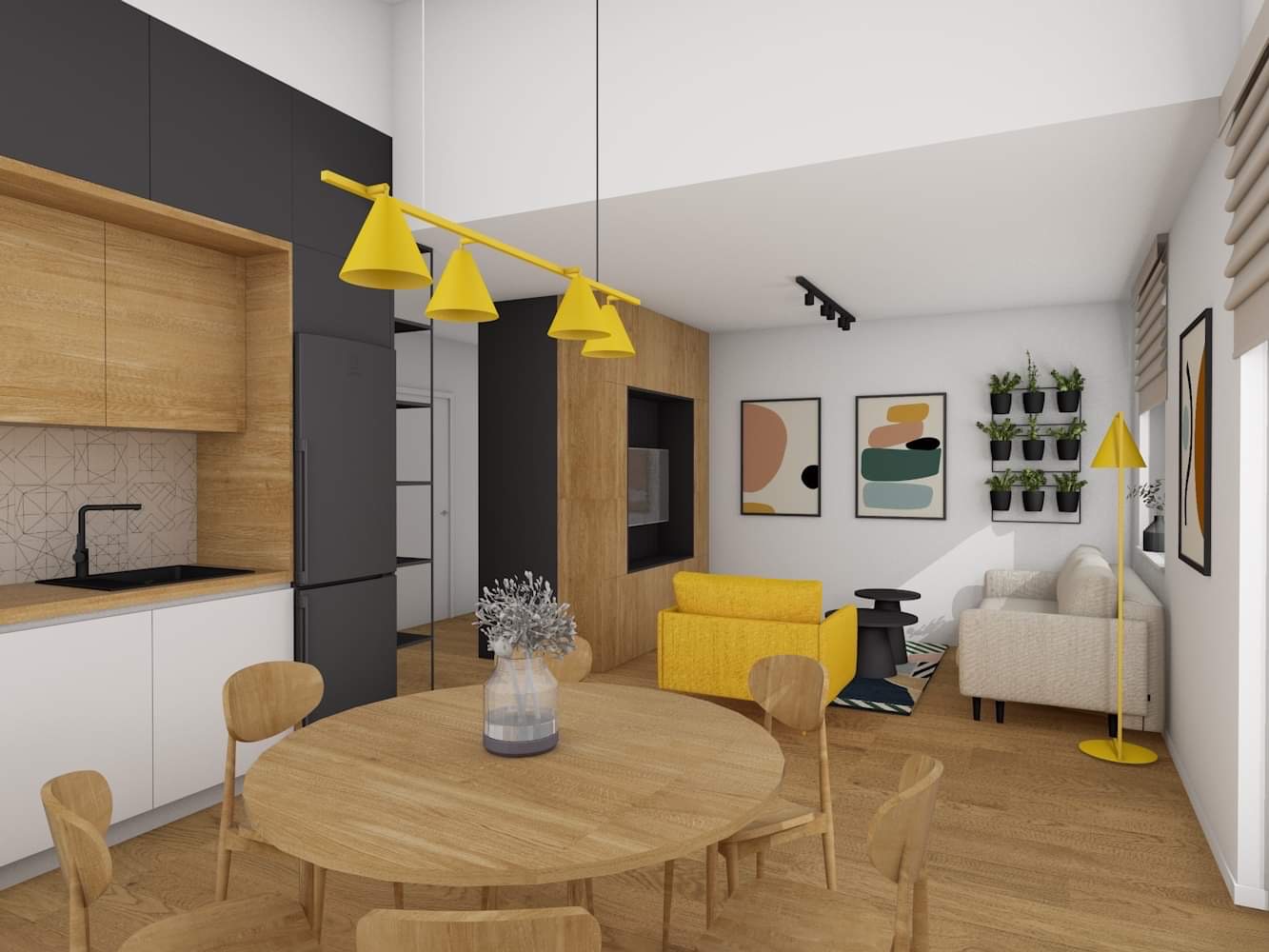 Wnętrze mieszkania z otwartą kuchnią, drewnianym stołem i krzesłami, żółtą sofą i lampą, oraz grafikami na ścianie.