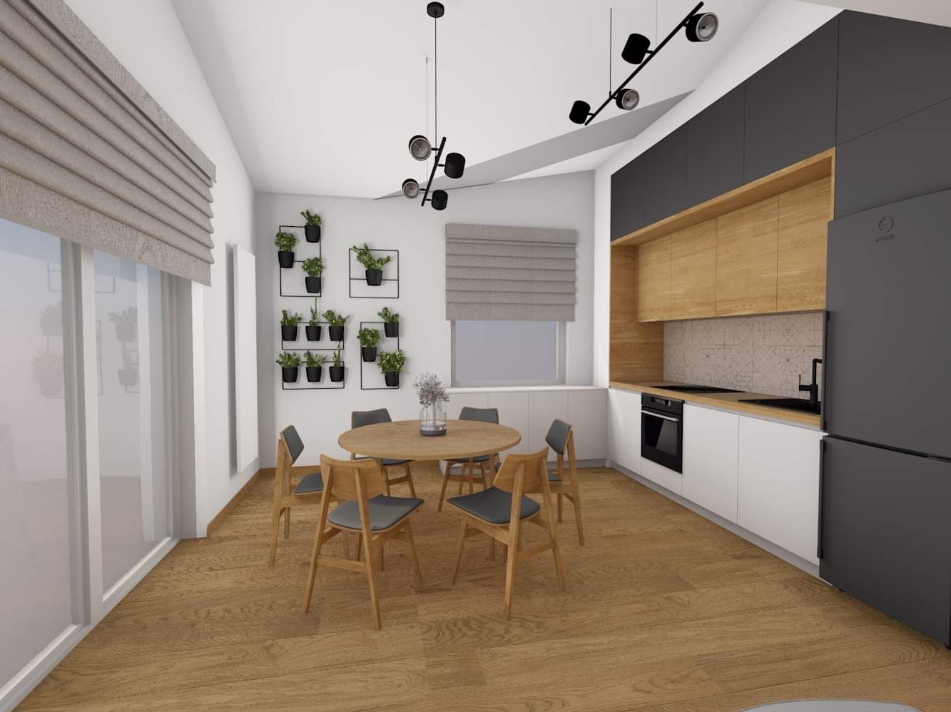 Wizualizacja jasnej kuchni z drewnianym stołem i krzesłami, czarnymi szafkami górnymi, białymi dolnymi, drewnianym blatem, oświetleniem punktowym i ścianą z wiszącymi roślinami w doniczkach.