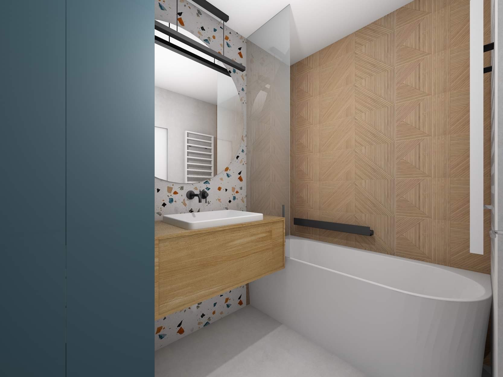 Wizualizacja łazienki z okrągłym lustrem, drewnianą szafką pod umywalką, terazzo na ścianie i podłodze oraz wanną obudowaną płytkami drewnopodobnymi.