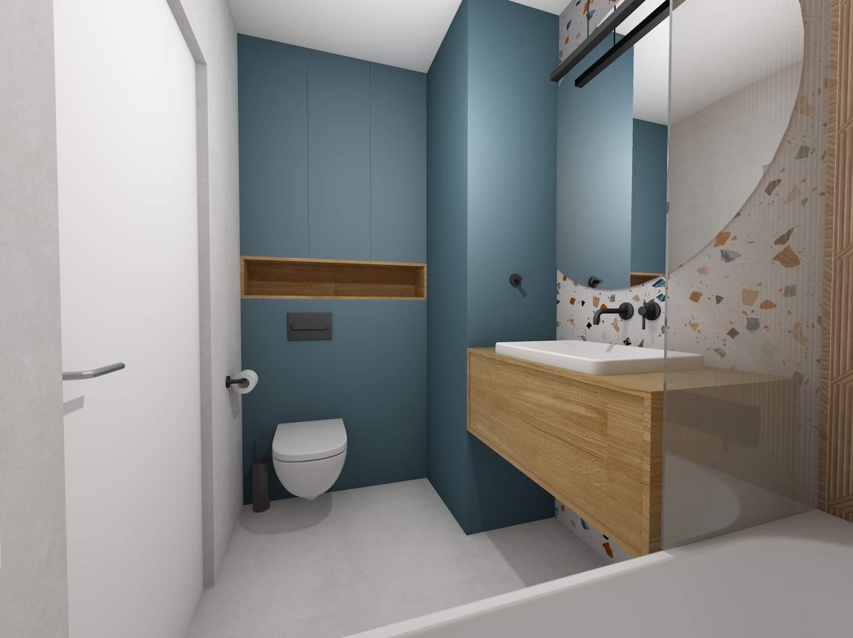 Nowoczesna łazienka z niebieskimi ścianami, drewnianą szafką pod umywalką i okrągłym lustrem z wzorem lastryko.