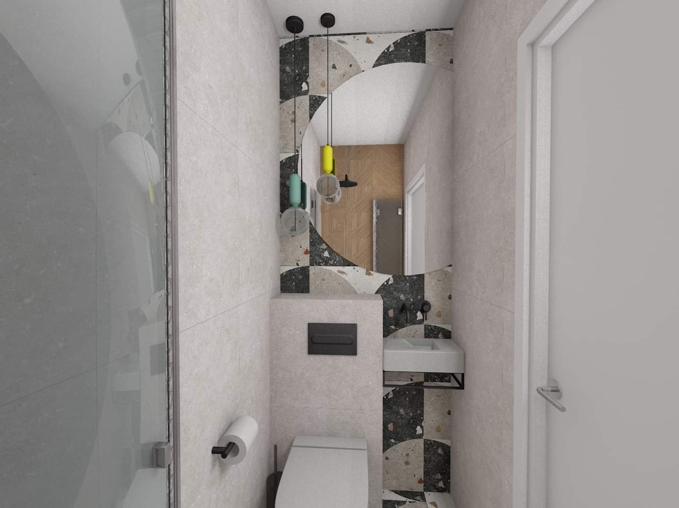 Wąska łazienka z toaletą wiszącą, umywalką narożną i lustrem w kształcie półkola, wykończona płytkami w stylu lastryko i oświetlona wiszącymi lampami z kolorowymi kloszami.