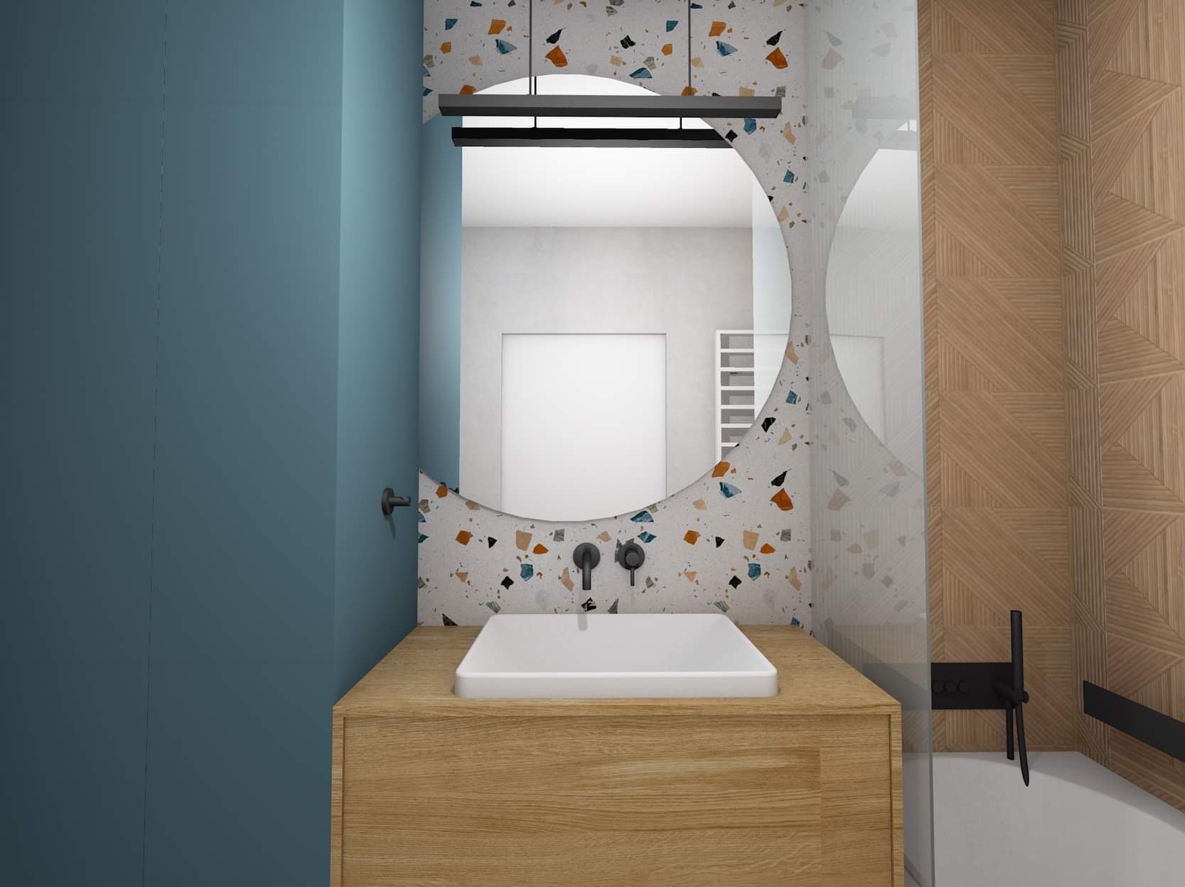 Wizualizacja łazienki: umywalka nablatowa na drewnianej szafce, okrągłe lustro z oświetleniem, ściana z wzorem lastryko i drewniane panele ścienne z geometrycznym wzorem.
