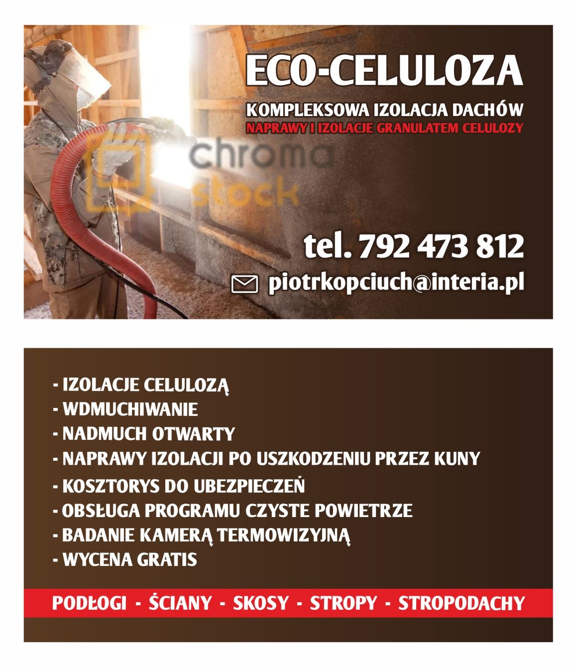 Reklama firmy izolującej dachy eco-celulozą, prezentująca pracownika w kombinezonie ochronnym aplikującego izolację granulatem celulozy za pomocą węża, z widocznym logo firmy i danymi kontaktowymi.