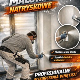 Pracownik w masce maluje ścianę natryskowo. Reklama usług: gładkie ściany, szybkie malowanie. Numer telefonu na pomarańczowym tle. Profesjonalne wykończenia wnętrz.