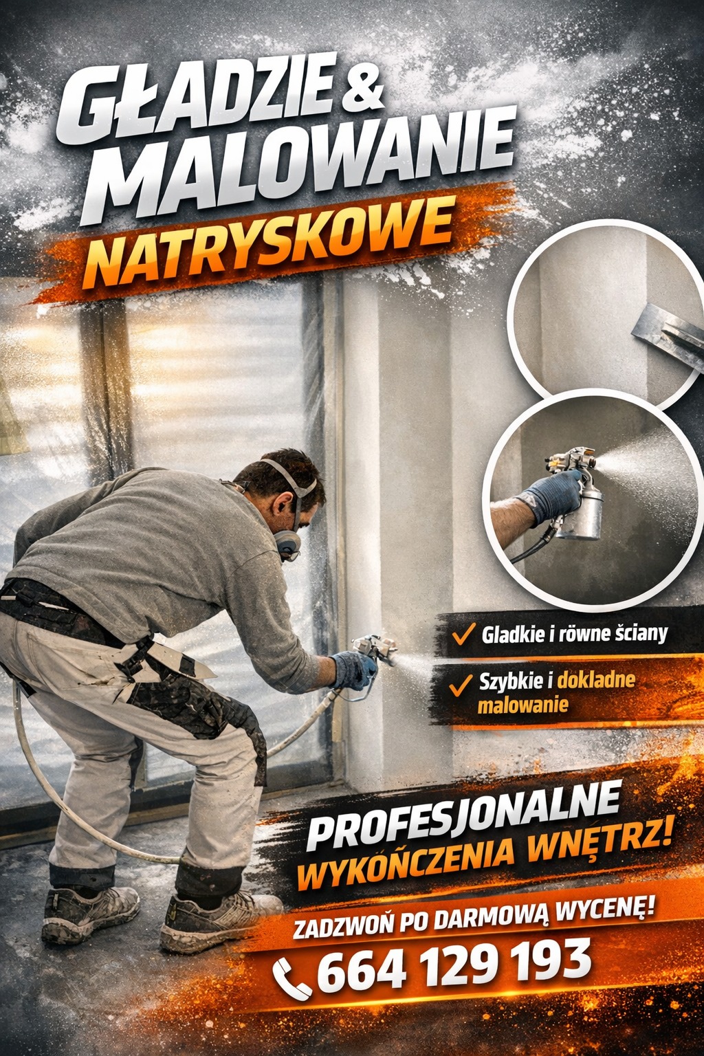 Pracownik w masce maluje ścianę natryskowo. Reklama usług: gładkie ściany, szybkie malowanie. Numer telefonu na pomarańczowym tle. Profesjonalne wykończenia wnętrz.