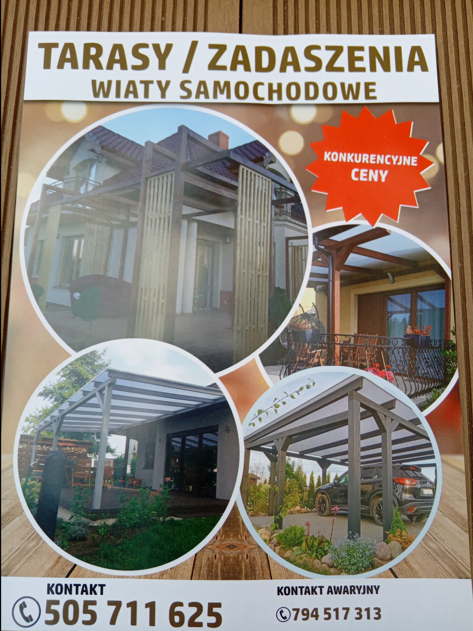 Ulotka reklamowa z kolażem zdjęć przedstawiających zadaszenia, w tym konstrukcje drewniane przy domach, taras z balustradą oraz wiata samochodowa, z numerami kontaktowymi.