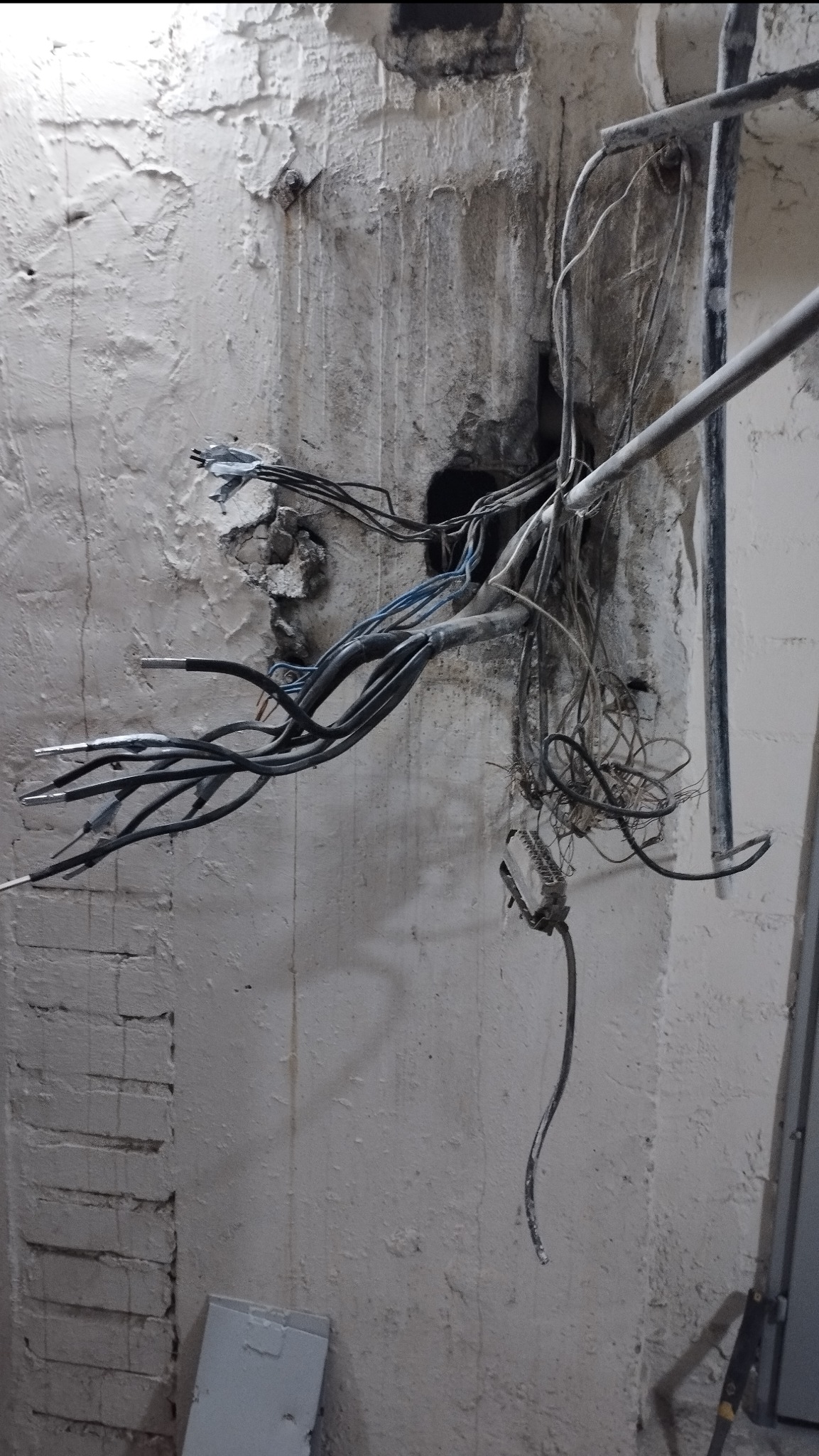Odsłonięte przewody elektryczne wystające ze ściany z surowym tynkiem, widoczne złącza i kable w kolorach czarnym i niebieskim, fragment drabiny w prawym dolnym rogu.