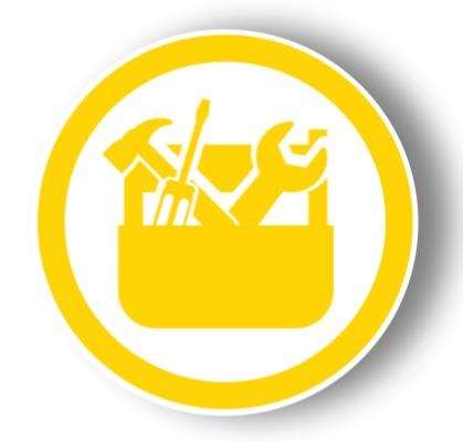 Ikona narzędzi w żółtym okręgu: młotek, śrubokręt i klucz płaski w skrzynce.