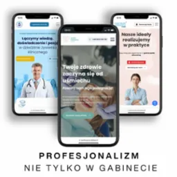 Prezentacja responsywnych stron internetowych na smartfonach z różnymi layoutami dla branży medycznej i stomatologicznej, ukazująca profesjonalizm w sieci.