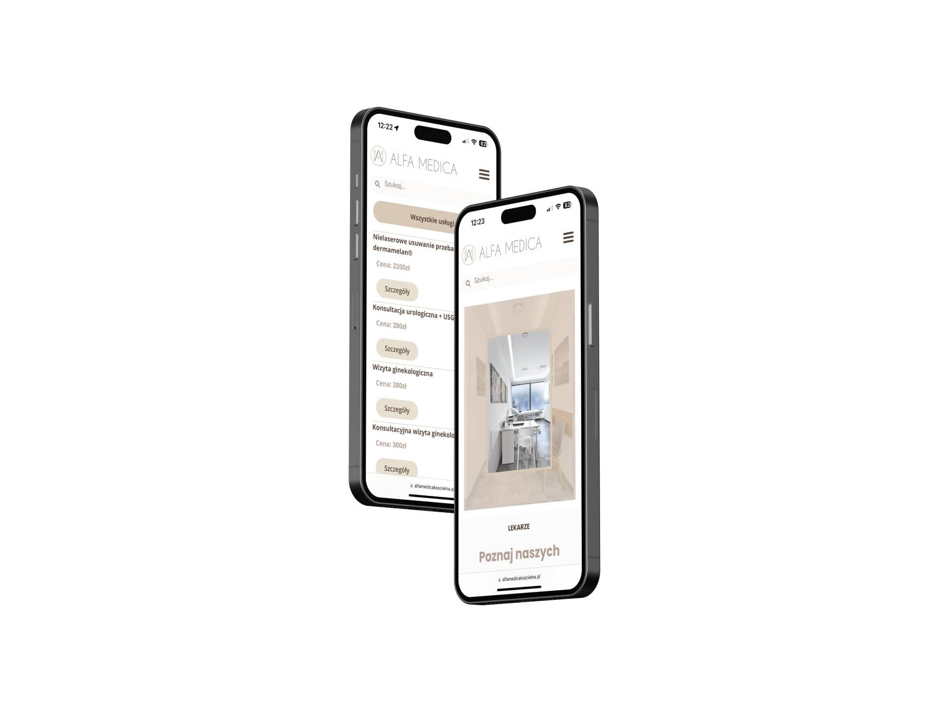 Dwa smartfony z widoczną stroną internetową Alfa Medica: jeden z listą usług, drugi z wizualizacją wnętrza gabinetu lekarskiego.