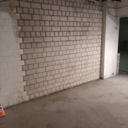 EcoDomes - Częściowo pomalowana ściana z cegły w surowym wnętrzu, widoczne rury instalacji pod sufitem i przygotowane podłoże na podłodze.