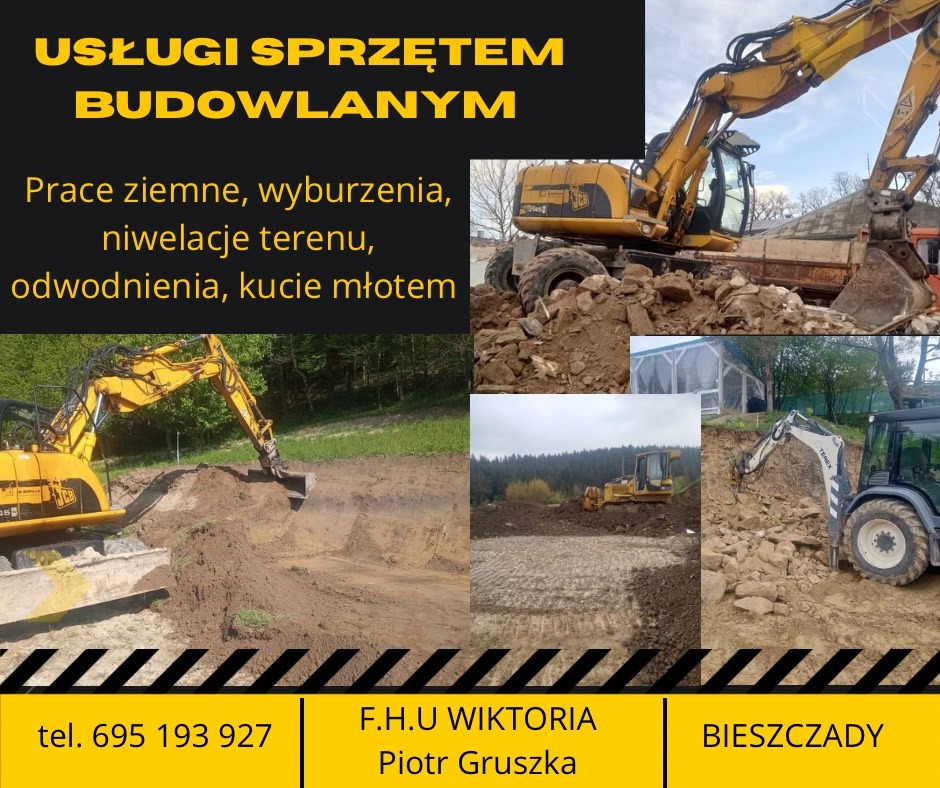 Kompozycja zdjęć przedstawiających różne etapy prac ziemnych i budowlanych z użyciem ciężkiego sprzętu: koparki, spychacza. W tle krajobraz Bieszczad. Na górze napis USŁUGI SPRZĘTEM BUDOWLANYM...