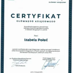 Skan certyfikatu Głównego Księgowego dla Izabeli Połeć, wydany przez Stowarzyszenie Księgowych w Polsce, z podpisami i datą 6 listopada 2023.