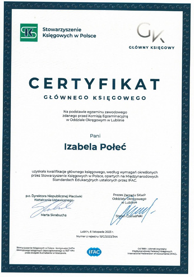 Skan certyfikatu Głównego Księgowego wydanego przez Stowarzyszenie Księgowych w Polsce dla Izabeli Połeć, z podpisami i datą 6 listopada 2023.