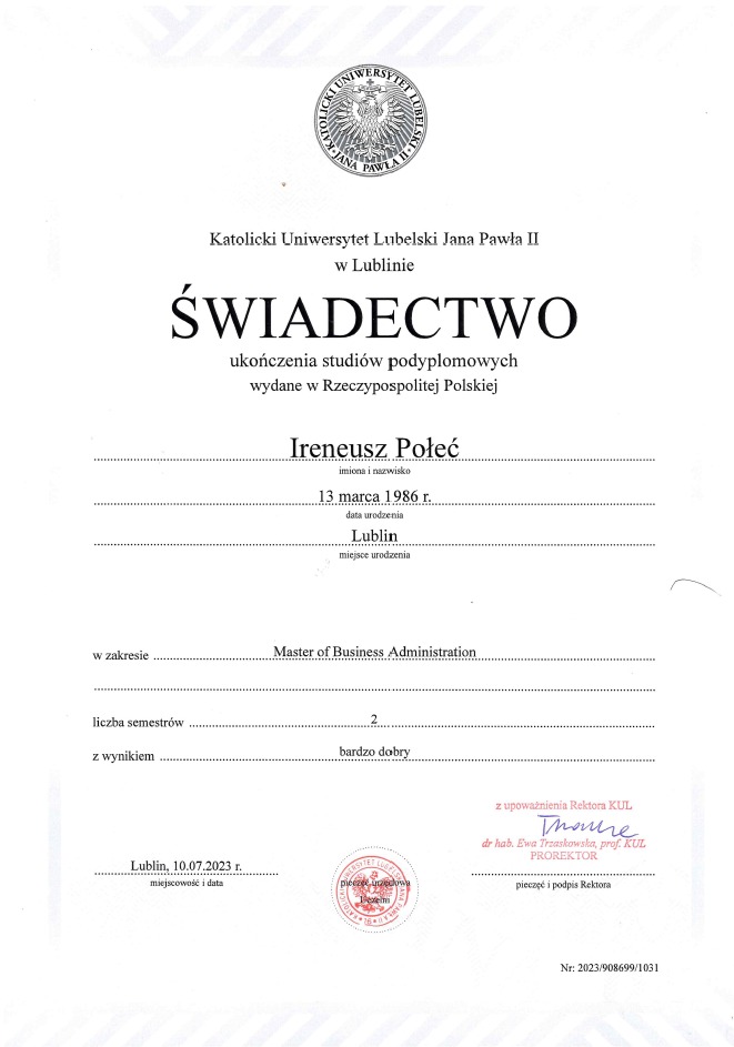 Skan dyplomu ukończenia studiów podyplomowych Master of Business Administration wydanego przez Katolicki Uniwersytet Lubelski Jana Pawła II w Lublinie, z pieczęciami i podpisem rektora.