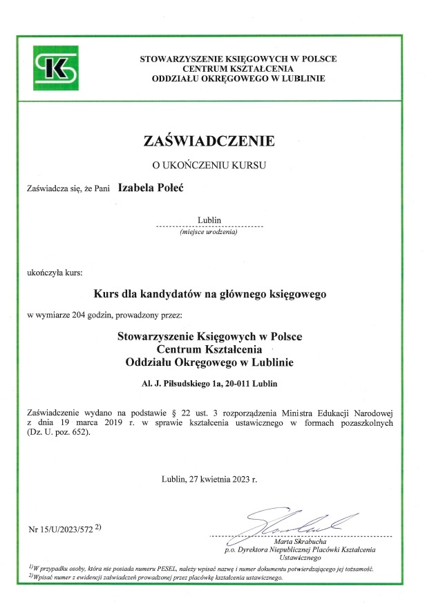 Skan zaświadczenia o ukończeniu kursu dla kandydatów na głównego księgowego, wydanego w Lublinie przez Stowarzyszenie Księgowych w Polsce.