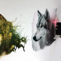 Drukarka ścienna nanosi na białą ścianę grafikę przedstawiającą portret kobiety z motywem kwiatowym połączony z portretem wilka, celownik laserowy wskazuje aktualny punkt druku.