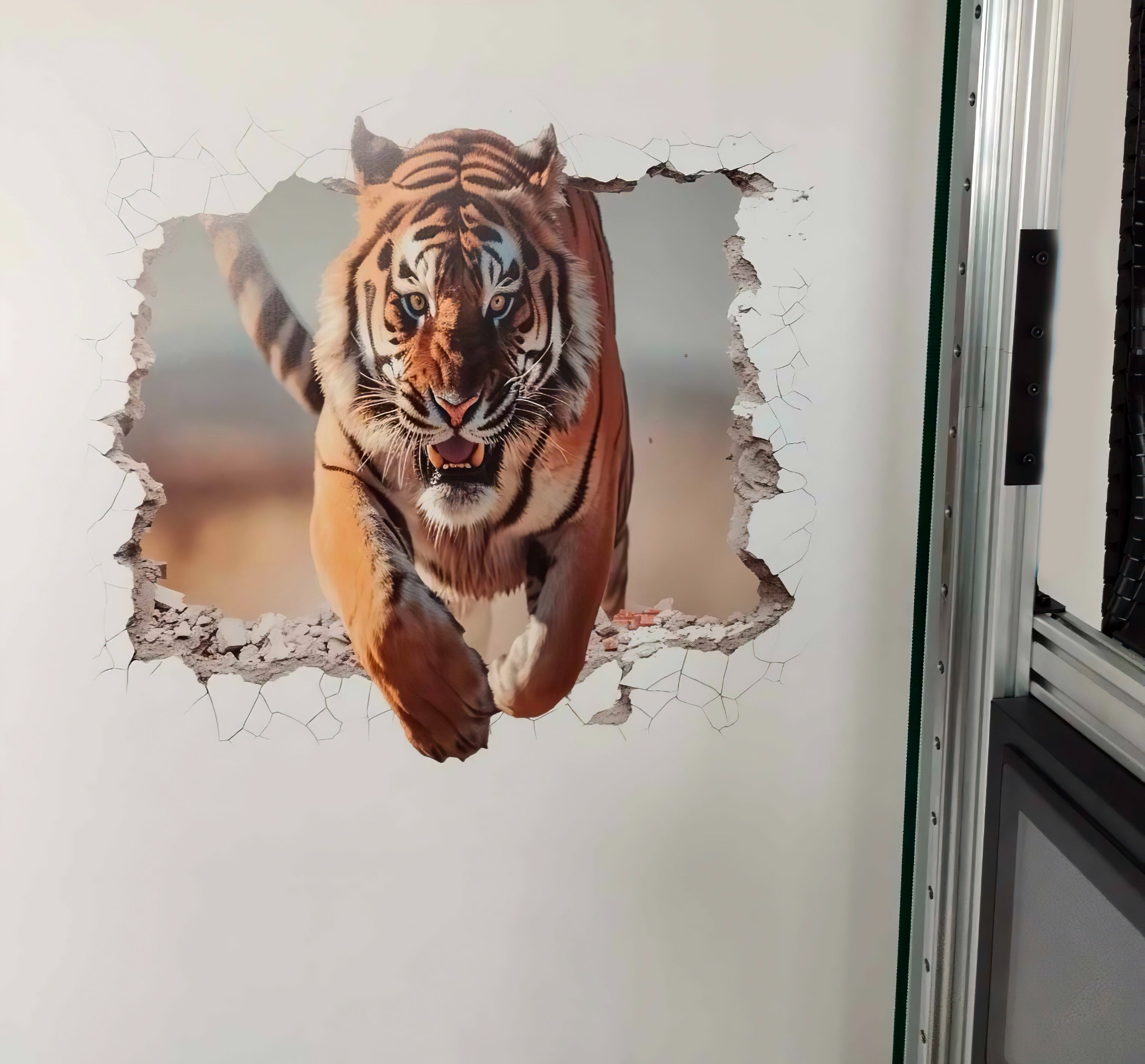 Fototapeta z efektem 3D przedstawiająca tygrysa wyskakującego ze ściany, z widocznymi pęknięciami i fragmentami gruzu, umieszczona obok metalowej konstrukcji.