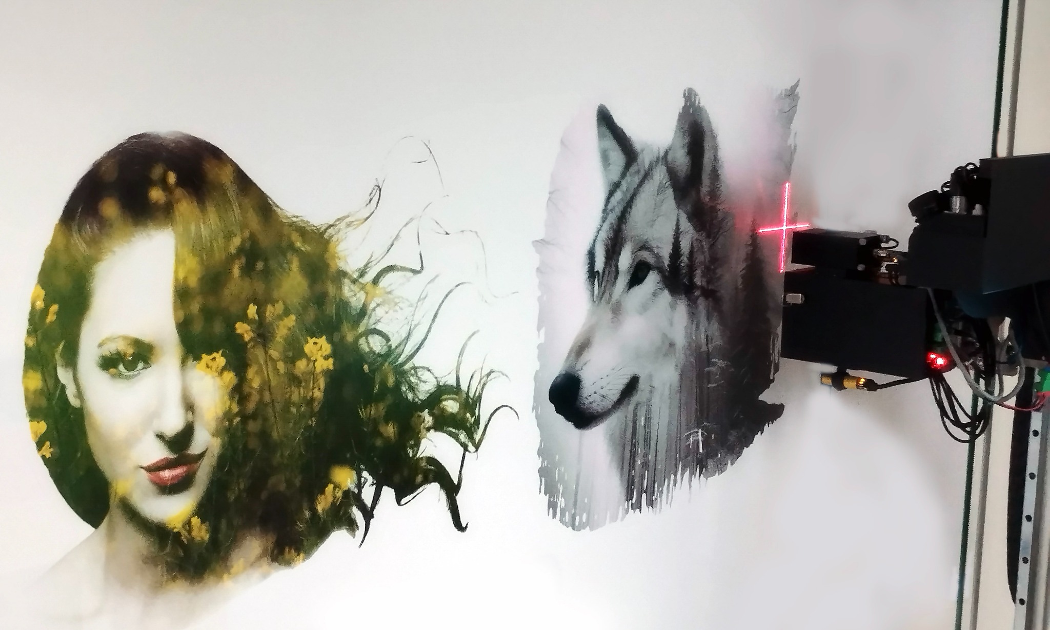 Drukarka ścienna nanosi na białą ścianę grafikę przedstawiającą portret kobiety z motywem kwiatowym połączony z portretem wilka, celownik laserowy wskazuje aktualny punkt druku.