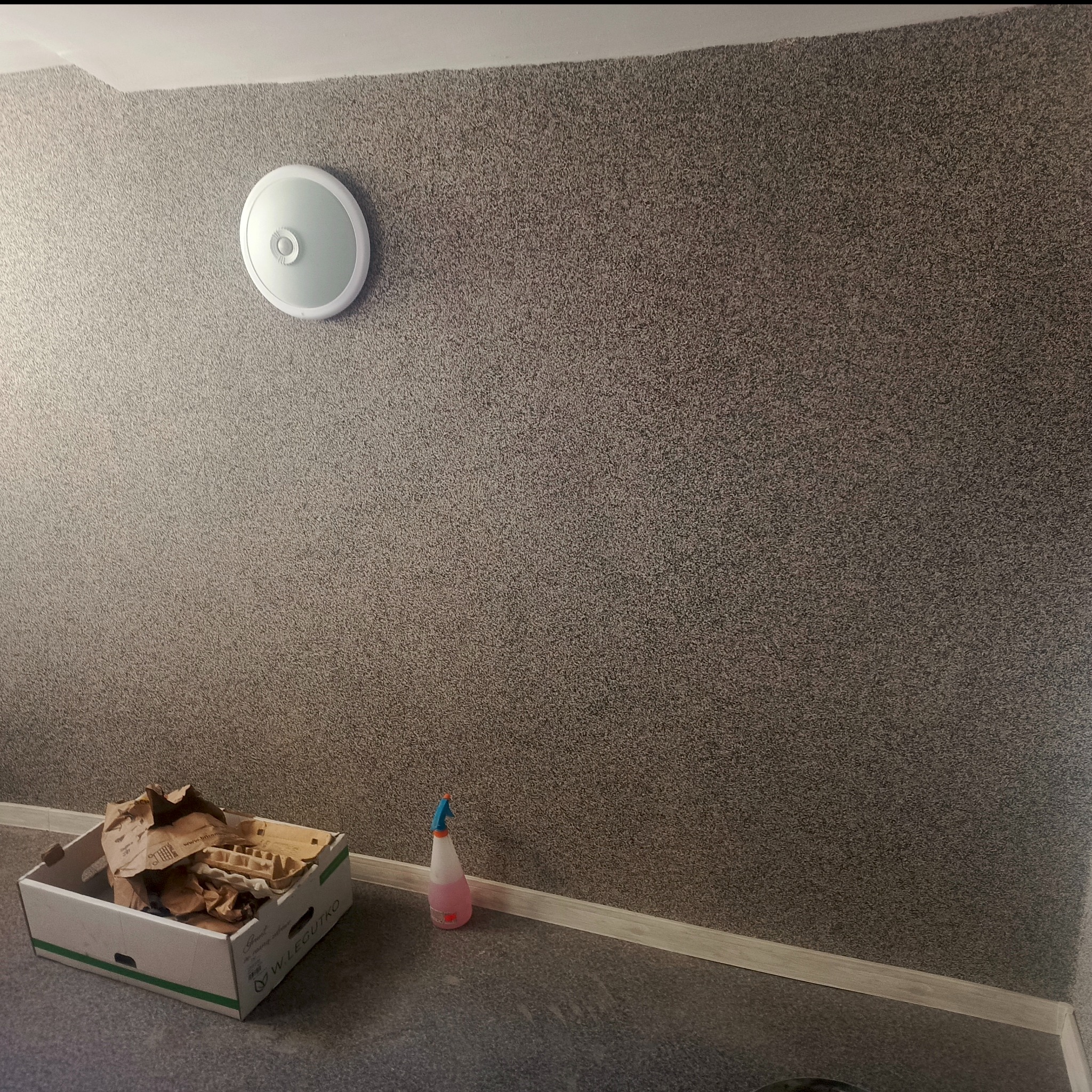 Ściana pokryta dekoracyjnym tynkiem mozaikowym w odcieniach szarości i brązu, z zamontowaną lampą sufitową. Na podłodze karton z odpadami i butelka ze spryskiwaczem.