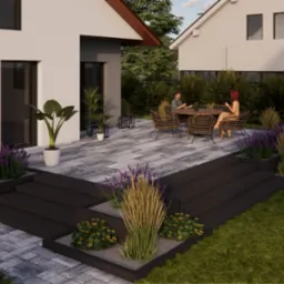Wizualizacja tarasu z szarych płyt z podwyższonymi rabatami na rośliny ozdobne, stolikiem i siedzącymi osobami w tle.