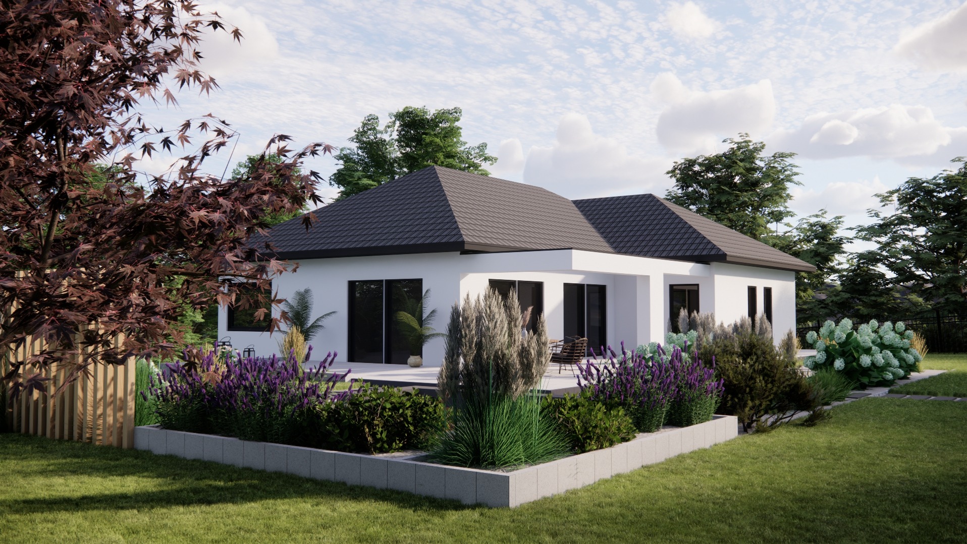 Wizualizacja ogrodu przy nowoczesnym białym domu z ciemnym dachem, rabaty z fioletowymi kwiatami i ozdobnymi trawami, brązowy klon palmowy przy drewnianym płocie.